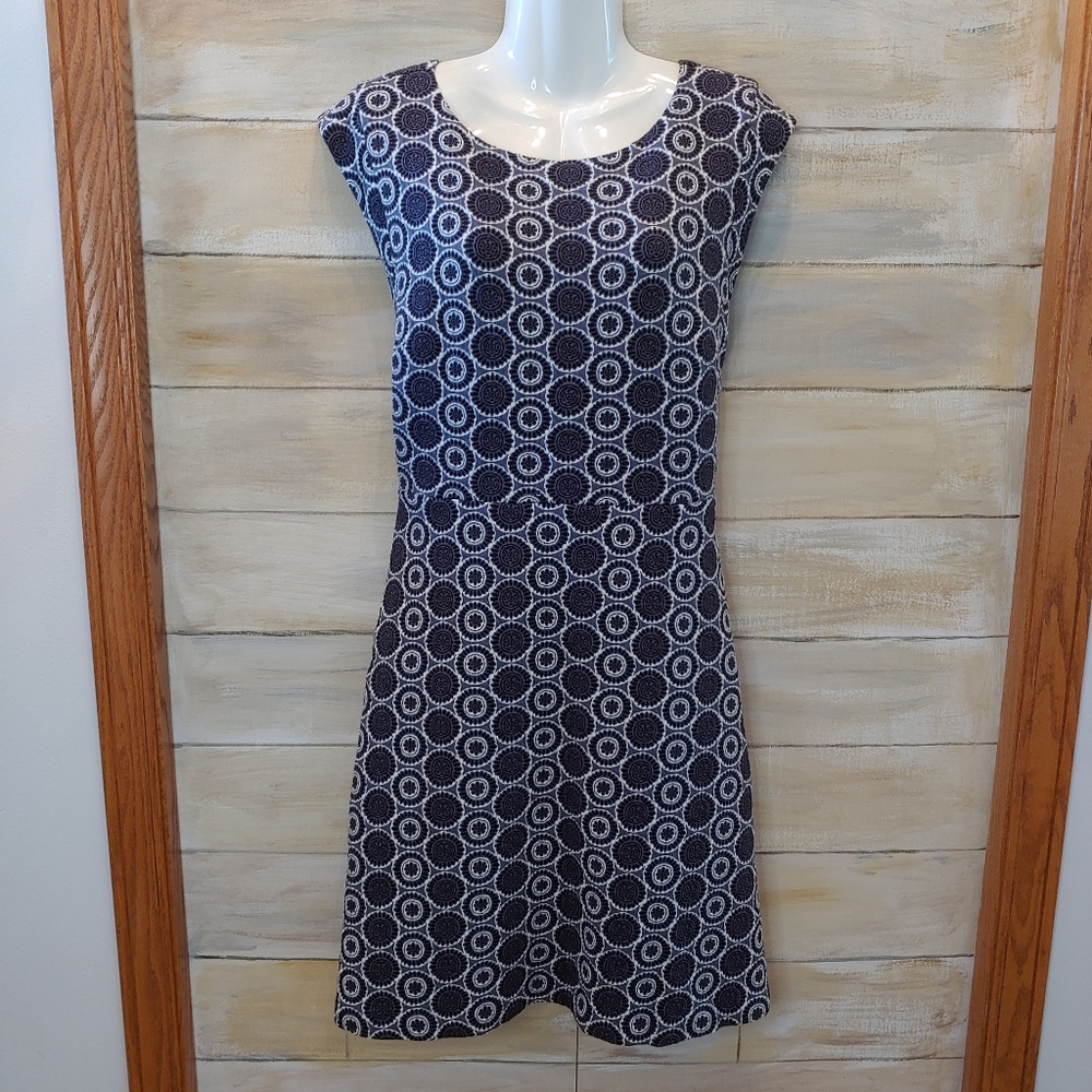Loft women sleeveless knit shift navy white babydoll preppy cotton dress size 16